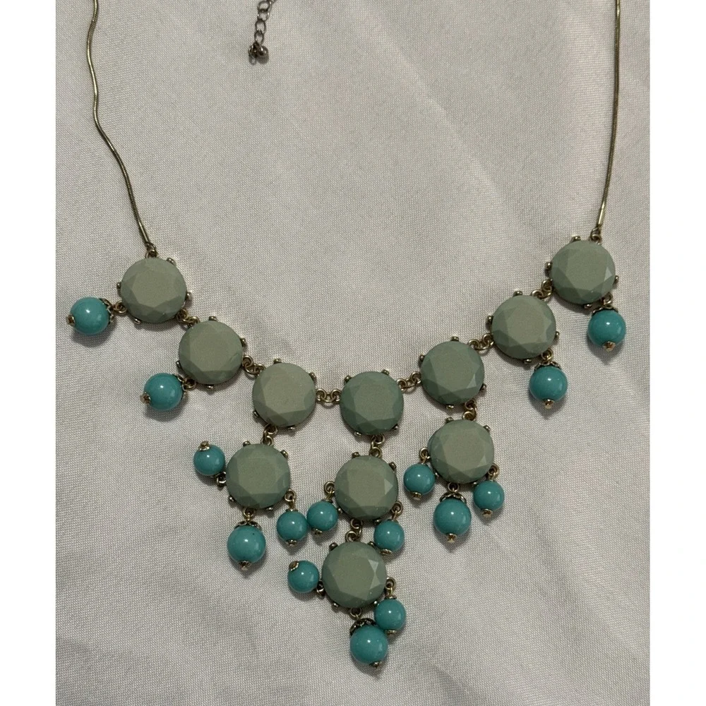 Mint Green & Turquoise Statement Bib Necklace Gold Tone Boho Chic‎